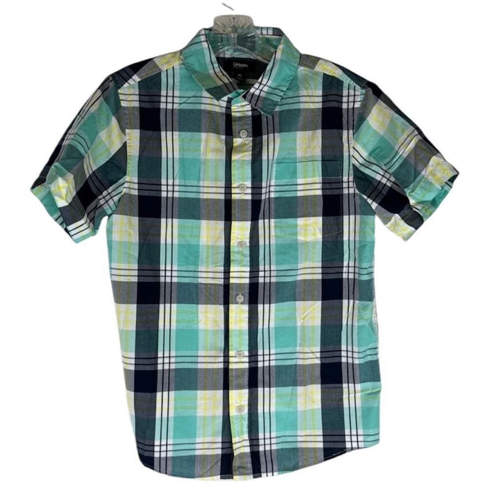 Urban Pipeline Button Down Shirt Boys Blue Yellow Plaid Short Sleeves XL